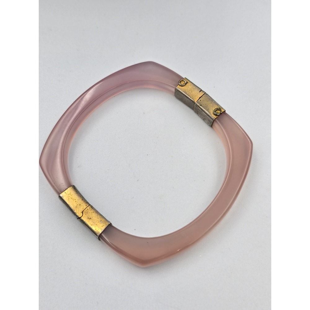 Vintage Rose Quartz Square Bangle Bracelet Gold Tone‎ Hinged Closure Estate Find